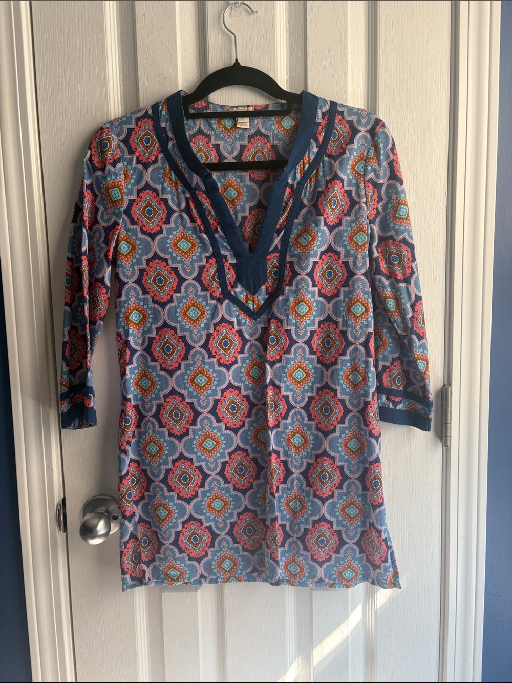 J. Crew Geometric Medallion Print Cotton Tunic Top Blouse XS Beach Summer Resort